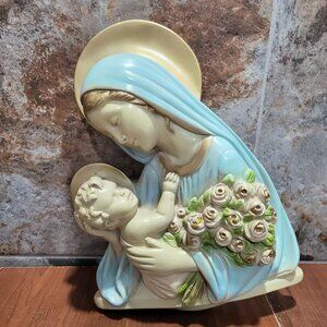 Vintage Chalkware Mary and Jesus Wall Plaque Catholic Relic Religious 3D